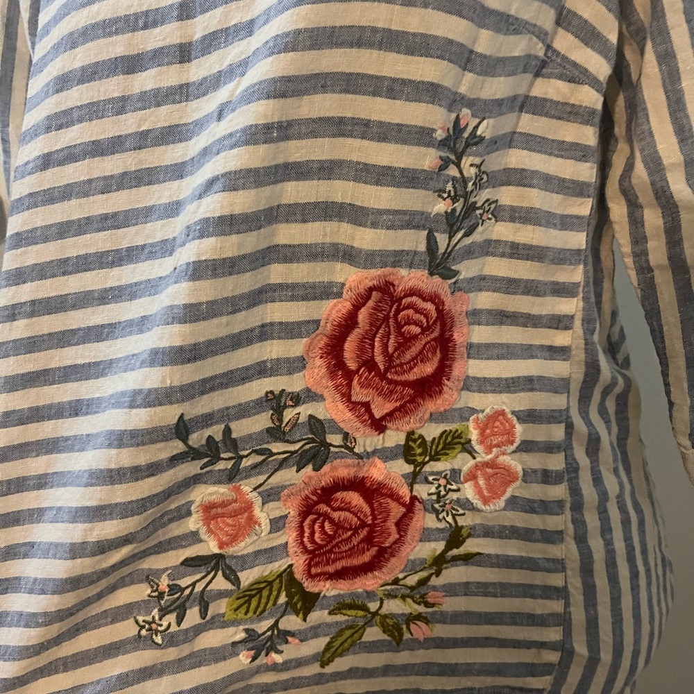 Striped Blue and White Top with Floral Embroidery - Picture 2 of 4